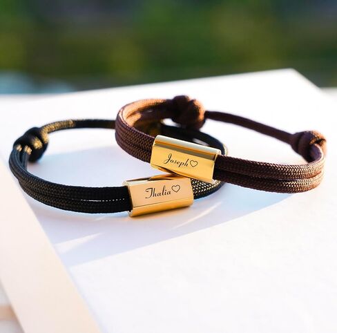 Personalized Couple Bracelets Set of 2 – Adjustable Rope Bracelets with Custom Engraving, Stainless Steel & 18K Gold Plated, Anniversary & Valentine’s Gift in Saudi Arabia