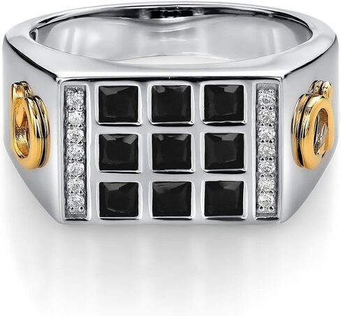 Gem Stone King Men's 925 Sterling Silver and 10K Yellow Gold Black Onyx and White Lab Grown Diamond Ring with Alpha Symbol (1.27 Cttw, Available In Sizes 7 to 13) in Saudi Arabia