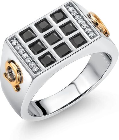 Gem Stone King Men's 925 Sterling Silver and 10K Yellow Gold Black Onyx and White Lab Grown Diamond Ring with Alpha Symbol (1.27 Cttw, Available In Sizes 7 to 13) in Saudi Arabia