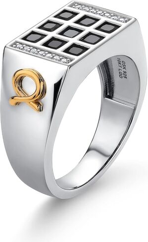 Gem Stone King Men's 925 Sterling Silver and 10K Yellow Gold Black Onyx and White Lab Grown Diamond Ring with Alpha Symbol (1.27 Cttw, Available In Sizes 7 to 13) in Saudi Arabia