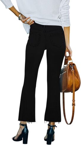 جينز متوهج للنساء جينز قصير قابل للتمدد متوسط ​​الارتفاع من الأسفل جينز نسائي قصير متوهج مع حاشية خام in Kuwait