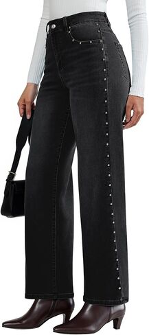 luvamia Women Jeans Wide Leg High Waisted Trendy Side Studded Embellished Distressed Stretchy Denim Pants Party Jeans in Saudi Arabia