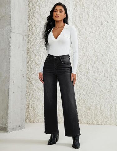 luvamia Women Jeans Wide Leg High Waisted Trendy Side Studded Embellished Distressed Stretchy Denim Pants Party Jeans in Saudi Arabia