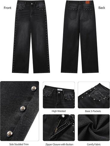 luvamia Women Jeans Wide Leg High Waisted Trendy Side Studded Embellished Distressed Stretchy Denim Pants Party Jeans in Saudi Arabia