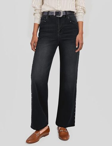 luvamia Women Jeans Wide Leg High Waisted Trendy Side Studded Embellished Distressed Stretchy Denim Pants Party Jeans in Saudi Arabia