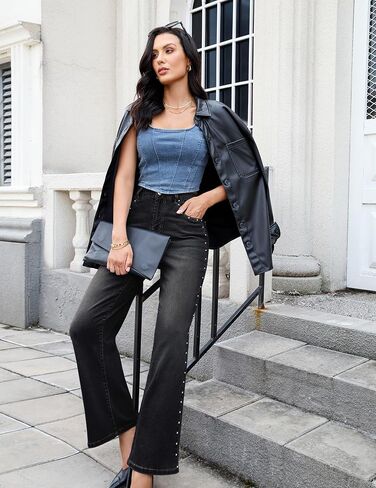 luvamia Women Jeans Wide Leg High Waisted Trendy Side Studded Embellished Distressed Stretchy Denim Pants Party Jeans in Saudi Arabia