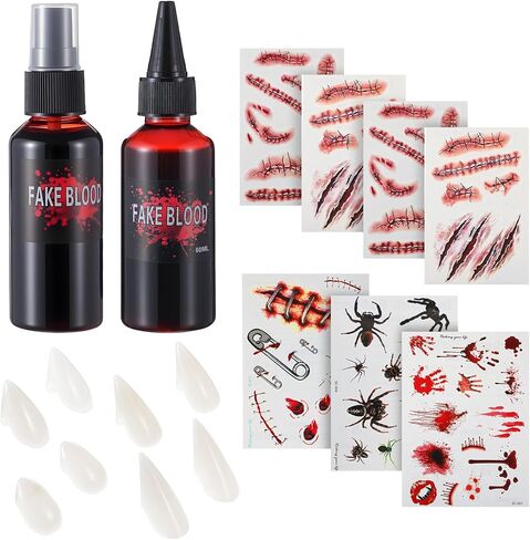 Outus Complete Halloween Makeup Kit, 4 Size Vampire Teeth Set with Fake Blood Spray, 7 Sheet Tattoos for SFX Costume, Zombie Cosplay Adult Teen Party in Saudi Arabia
