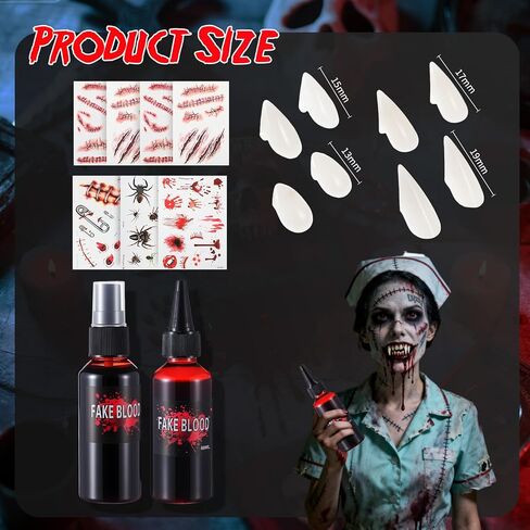 Outus Complete Halloween Makeup Kit, 4 Size Vampire Teeth Set with Fake Blood Spray, 7 Sheet Tattoos for SFX Costume, Zombie Cosplay Adult Teen Party in Saudi Arabia