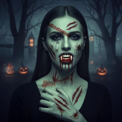 Outus Complete Halloween Makeup Kit, 4 Size Vampire Teeth Set with Fake Blood Spray, 7 Sheet Tattoos for SFX Costume, Zombie Cosplay Adult Teen Party in Saudi Arabia