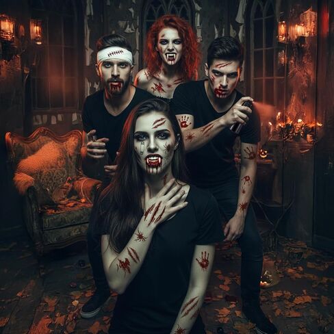 Outus Complete Halloween Makeup Kit, 4 Size Vampire Teeth Set with Fake Blood Spray, 7 Sheet Tattoos for SFX Costume, Zombie Cosplay Adult Teen Party in Saudi Arabia