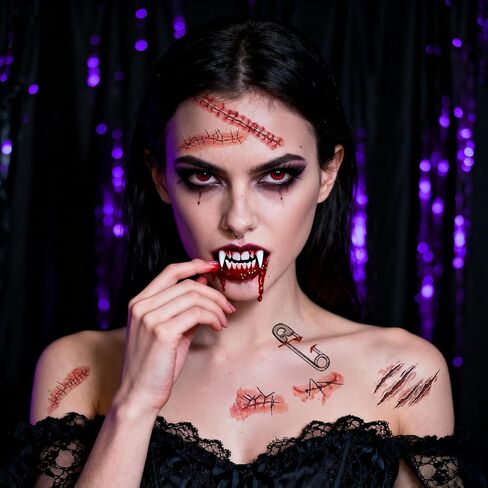 Outus Complete Halloween Makeup Kit, 4 Size Vampire Teeth Set with Fake Blood Spray, 7 Sheet Tattoos for SFX Costume, Zombie Cosplay Adult Teen Party in Saudi Arabia