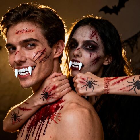 Outus Complete Halloween Makeup Kit, 4 Size Vampire Teeth Set with Fake Blood Spray, 7 Sheet Tattoos for SFX Costume, Zombie Cosplay Adult Teen Party in Saudi Arabia
