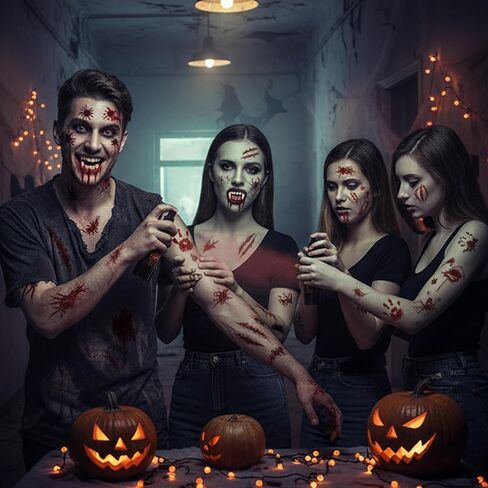 Outus Complete Halloween Makeup Kit, 4 Size Vampire Teeth Set with Fake Blood Spray, 7 Sheet Tattoos for SFX Costume, Zombie Cosplay Adult Teen Party in Saudi Arabia