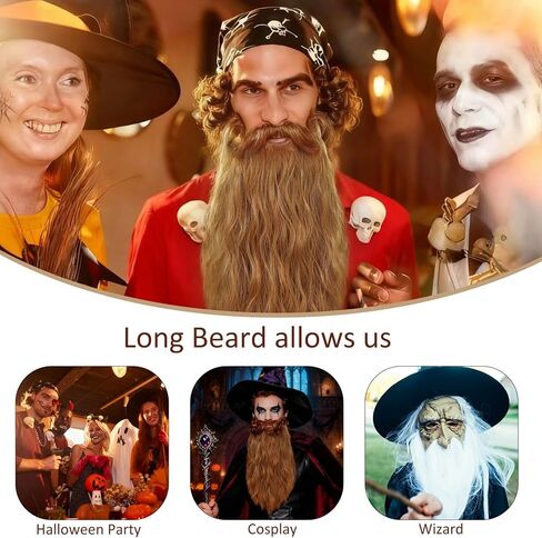 Men Long Curly Wizard Beard with Elastic Band Realistic Fake Synthetic Beard for Halloween Costume Party in Saudi Arabia