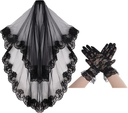 2Pieces Black Lace Veil Bridal Wedding Veils Halloween Veil With Comb Lace Gloves Brides Wedding for Women Halloween in Saudi Arabia