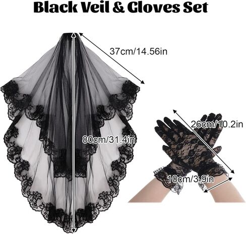 2Pieces Black Lace Veil Bridal Wedding Veils Halloween Veil With Comb Lace Gloves Brides Wedding for Women Halloween in Saudi Arabia