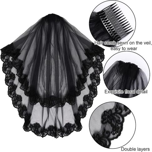 2Pieces Black Lace Veil Bridal Wedding Veils Halloween Veil With Comb Lace Gloves Brides Wedding for Women Halloween in Saudi Arabia