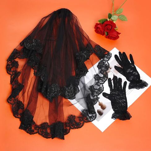 2Pieces Black Lace Veil Bridal Wedding Veils Halloween Veil With Comb Lace Gloves Brides Wedding for Women Halloween in Saudi Arabia