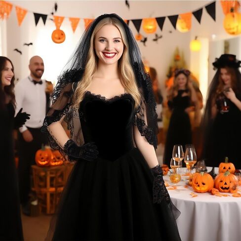 2Pieces Black Lace Veil Bridal Wedding Veils Halloween Veil With Comb Lace Gloves Brides Wedding for Women Halloween in Saudi Arabia