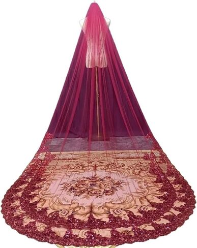 1 Tier Wine Red Bride Veil with Sequins Cathedral Veil Wedding Accessories Metal Comb Girls in Saudi Arabia