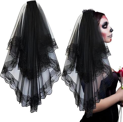 Black Lace Veil Rose Wedding Retro Gothic Halloween Party Costume Veil for Bride With Comb in Saudi Arabia