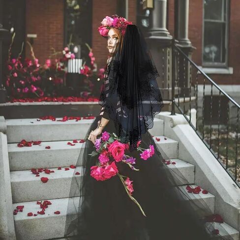 Black Lace Veil Rose Wedding Retro Gothic Halloween Party Costume Veil for Bride With Comb in Saudi Arabia