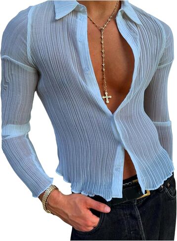 OYOANGLE Men's Mesh Sheer Button Down Shirts Long Sleeve Fitted Party Club Shirt Top in Saudi Arabia