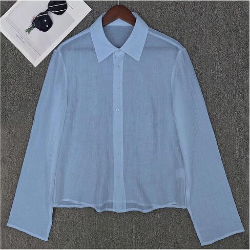 OYOANGLE Men's Mesh Sheer Button Down Shirts Long Sleeve Fitted Party Club Shirt Top in Saudi Arabia