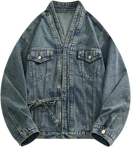 Men’S Asymmetrical Lace-Up Denim Jacket Chinese Style Loose Fit Casual Classic Denim Jacket in Saudi Arabia