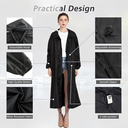 SUKUTU Women's Long Rain Coats Waterproof Lightweight Packable Rain Jacket with Hood Windbreaker Outdoor Raincoat in Saudi Arabia
