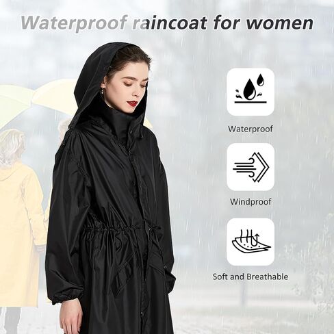 SUKUTU Women's Long Rain Coats Waterproof Lightweight Packable Rain Jacket with Hood Windbreaker Outdoor Raincoat in Saudi Arabia