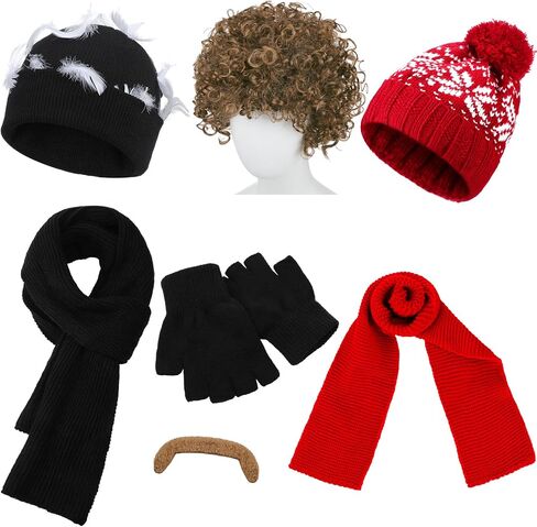 Mepase 8 Pcs Christmas Home Intruder Costume Funny Movie Group Costume Accessories Include Afro Wig Mustache Beanie Hat Scarf Gloves with Feathers Bulk for Holiday Halloween Cosplay Party in Saudi Arabia