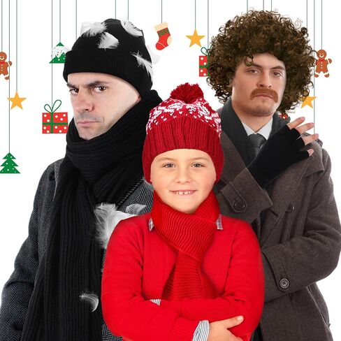 Mepase 8 Pcs Christmas Home Intruder Costume Funny Movie Group Costume Accessories Include Afro Wig Mustache Beanie Hat Scarf Gloves with Feathers Bulk for Holiday Halloween Cosplay Party in Saudi Arabia
