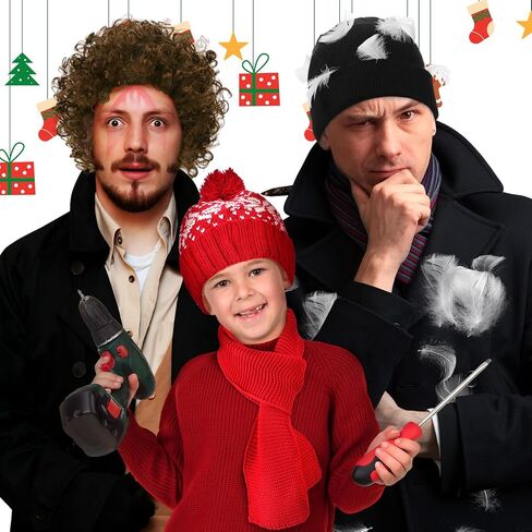 Mepase 8 Pcs Christmas Home Intruder Costume Funny Movie Group Costume Accessories Include Afro Wig Mustache Beanie Hat Scarf Gloves with Feathers Bulk for Holiday Halloween Cosplay Party in Saudi Arabia