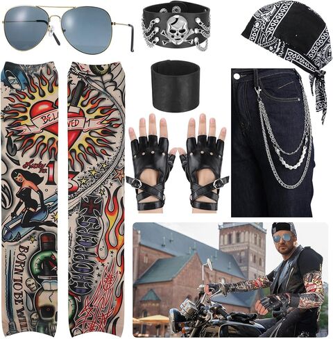 مجموعة أزياء mepase 9 قطع لعيد القديسين في الثمانينيات من الروك بانك للرجال، قبعة جمجمة الروك، نظارات شمسية لسائقي الدراجات النارية، أكمام قوطية، قفازات بدون أصابع، أساور معصم، إكسسوارات تنكرية للرجال والنساء البالغين (أنيقة) in Kuwait