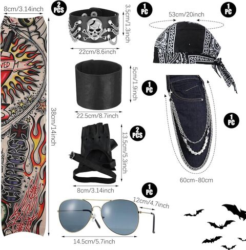 مجموعة أزياء mepase 9 قطع لعيد القديسين في الثمانينيات من الروك بانك للرجال، قبعة جمجمة الروك، نظارات شمسية لسائقي الدراجات النارية، أكمام قوطية، قفازات بدون أصابع، أساور معصم، إكسسوارات تنكرية للرجال والنساء البالغين (أنيقة) in Kuwait