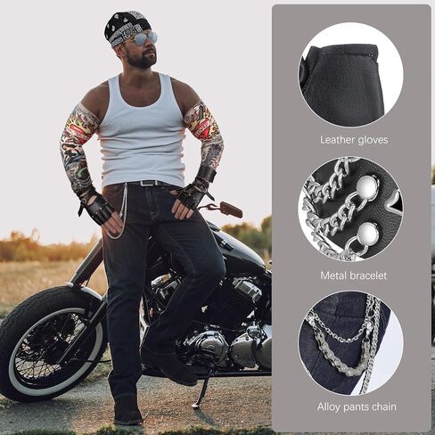 مجموعة أزياء mepase 9 قطع لعيد القديسين في الثمانينيات من الروك بانك للرجال، قبعة جمجمة الروك، نظارات شمسية لسائقي الدراجات النارية، أكمام قوطية، قفازات بدون أصابع، أساور معصم، إكسسوارات تنكرية للرجال والنساء البالغين (أنيقة) in Kuwait