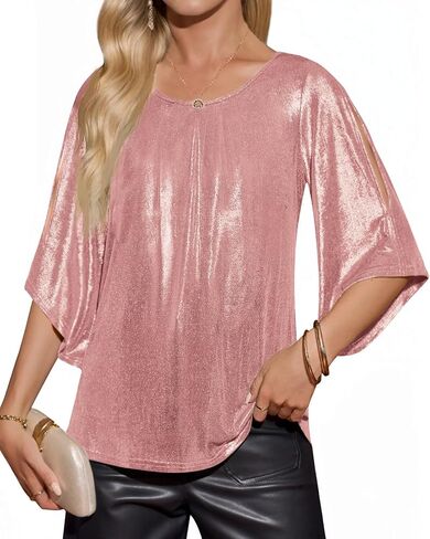 Yousify Womens 3/4 Sleeve Tops Trendy Glitter Sparkly Pleated Blouse Casual Party Crewneck Loose Fit Shirts in Saudi Arabia