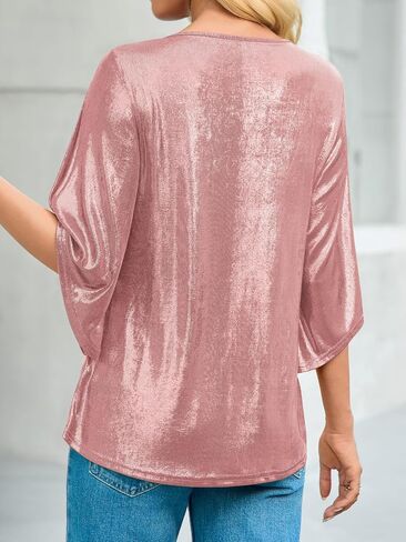 Yousify Womens 3/4 Sleeve Tops Trendy Glitter Sparkly Pleated Blouse Casual Party Crewneck Loose Fit Shirts in Saudi Arabia
