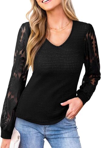 CUPSHE Womens Top Eyelet Lace V Neck Long Floral Sleeve Blouse Casual Hollow Out Loose Trendy Dressy in Saudi Arabia