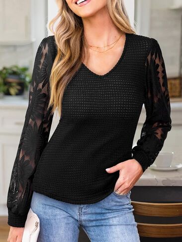 CUPSHE Womens Top Eyelet Lace V Neck Long Floral Sleeve Blouse Casual Hollow Out Loose Trendy Dressy in Saudi Arabia