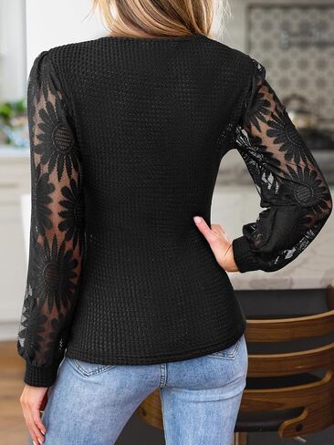 CUPSHE Womens Top Eyelet Lace V Neck Long Floral Sleeve Blouse Casual Hollow Out Loose Trendy Dressy in Saudi Arabia