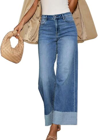 Women's High Waisted Wide Leg Jeans Stretch Frayed Raw Hem Straight Leg Boyfriend Cuffed Jeans Trendy 2025 in Saudi Arabia
