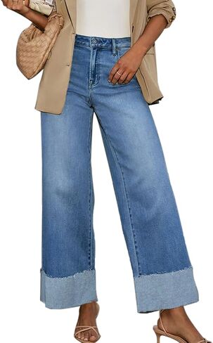 Women's High Waisted Wide Leg Jeans Stretch Frayed Raw Hem Straight Leg Boyfriend Cuffed Jeans Trendy 2025 in Saudi Arabia