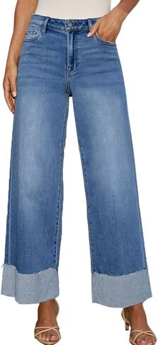 Women's High Waisted Wide Leg Jeans Stretch Frayed Raw Hem Straight Leg Boyfriend Cuffed Jeans Trendy 2025 in Saudi Arabia