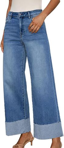 Women's High Waisted Wide Leg Jeans Stretch Frayed Raw Hem Straight Leg Boyfriend Cuffed Jeans Trendy 2025 in Saudi Arabia