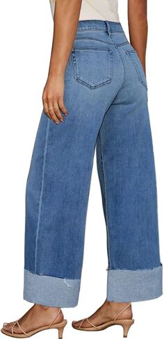 Women's High Waisted Wide Leg Jeans Stretch Frayed Raw Hem Straight Leg Boyfriend Cuffed Jeans Trendy 2025 in Saudi Arabia