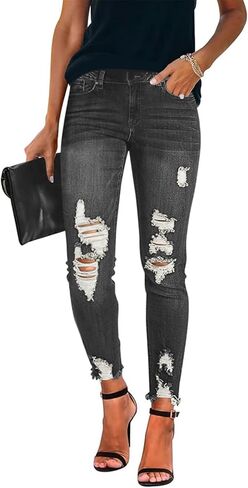 Women's Jeans Butt Lift Comfy Stretchy Ripped Skinny Mid Waist Destroyed Denim Pants (Pack of 2) in Saudi Arabia