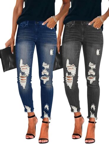 Women's Jeans Butt Lift Comfy Stretchy Ripped Skinny Mid Waist Destroyed Denim Pants (Pack of 2) in Saudi Arabia