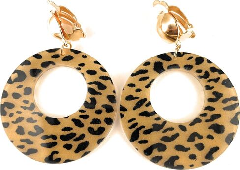 Clip On earrings cheetah leopard round disc pendant lightweight 2 3/8 inches long Brown Black leopard print in Saudi Arabia